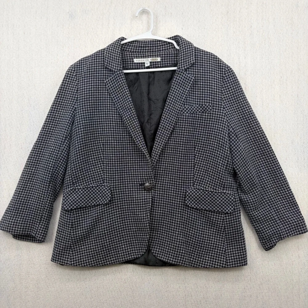 Veronica Beard Navy White Check Cotton Blazer Jacket Crest Button Womens 16
